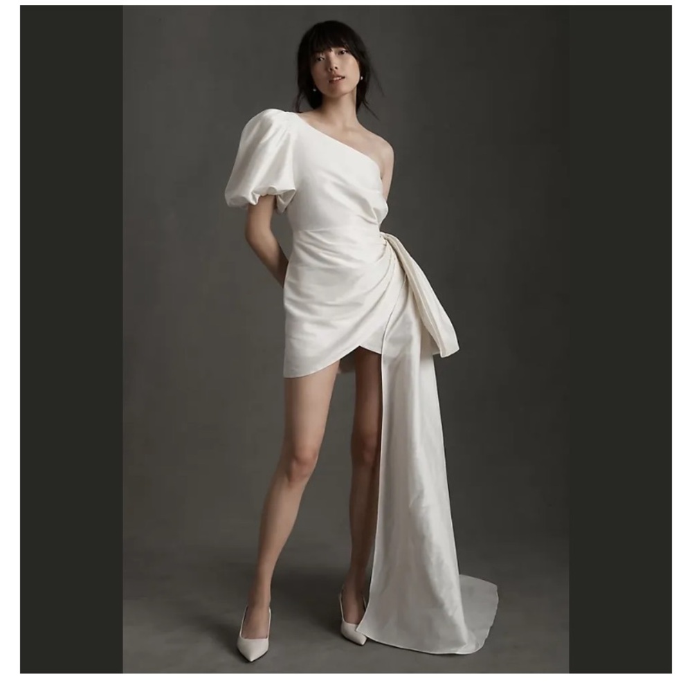 SACHIN & BABI DORIEN PUFFED ONE-SHOULDER BOW TRAIN WRAP MINI DRESS